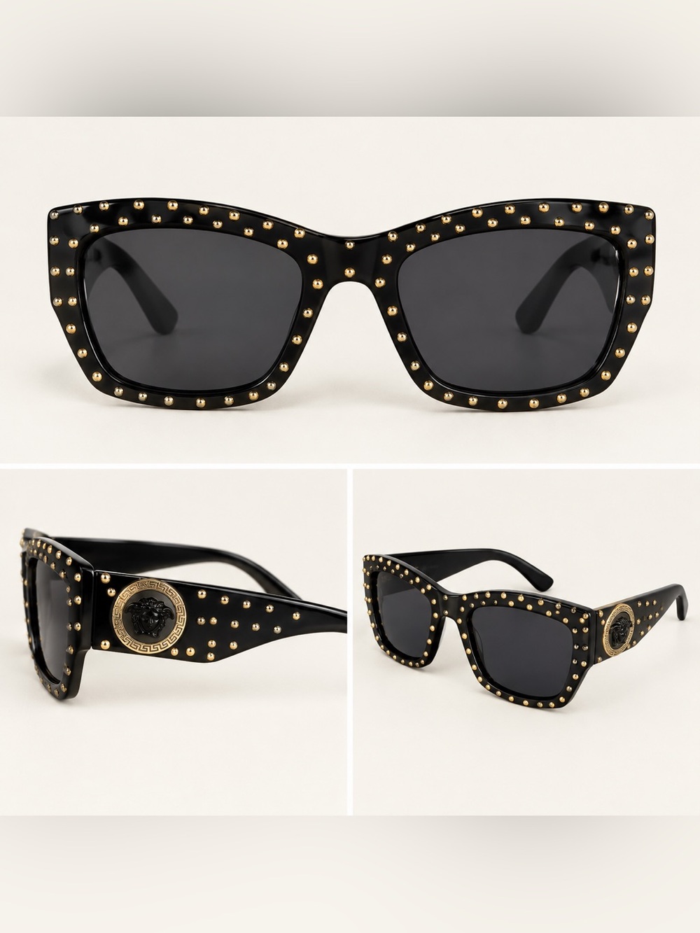 Black Studded Square Versace Sunglasses with Gold Medallion